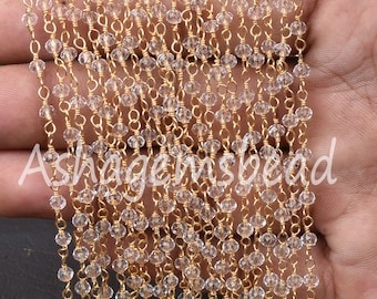 1,3,5,10,50 Ft,Clear Crystal Quartz Hydro Faceted Rondelle Beads Rosary Chain,3mm,Gold Plated Wire,Beaded Chain,Finding,Jewelry Making,Craft