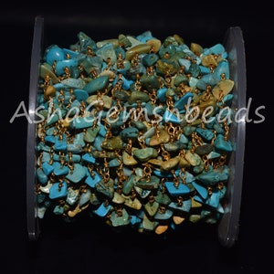 Natural Turquoise Uncut Chips Rosary Beaded Chain,Blue Turquoise Nugget Beads Rosary Chain,3,5,10 By Ft,Gold Plated Wire,Bulk Roll,Jewelry