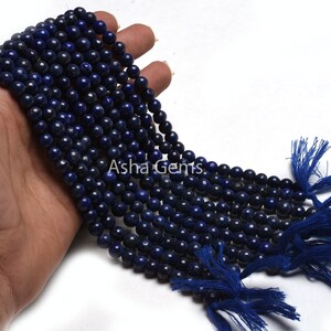 Cuentas redondas lisas de lapislázuli azul natural, cuentas finas de lapislázuli, cuentas redondas lisas hechas a mano, joyería artesanal, OFERTA