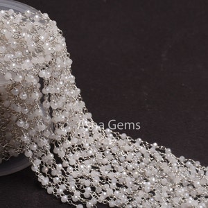 Beautiful White Moonstone Coated Hydro Beads Rosary Chain 1,10,50 Feet Silver Plated Wire Wrap Chain, Jewelry Making Beads Rosary Chain SALE