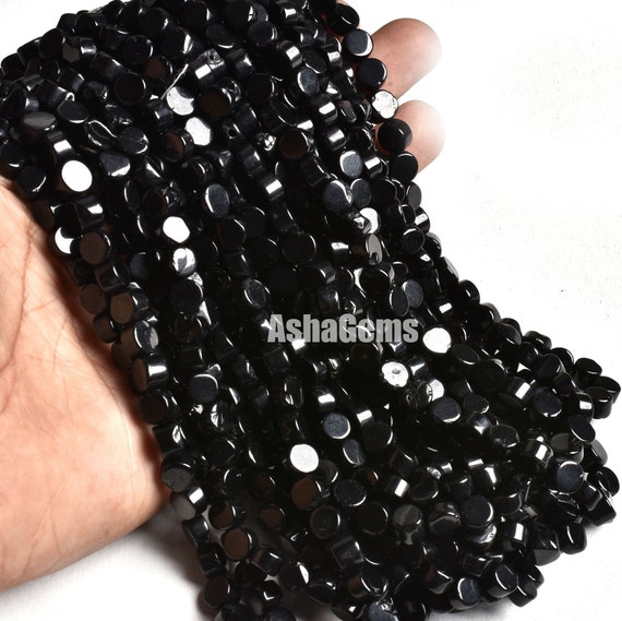 Natural Spinel Smooth Coin Beads,6-6.5mm Natural Coal Black