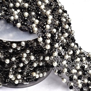 Pearl, Black Spinel Hydro Beads Rosary Chain,3mm Black Metal Plated Wire Wrap Handmade Gunmetal Chain Roll Jewelry Making Necklace