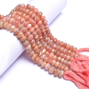 Peach Moonstone Faceted Rondelle Gemstone Beads,10&quot;Strand Natural Pink Moonstone Indian Machine Cut Beads, Moonstone Bead Jewelry Craft SALE
