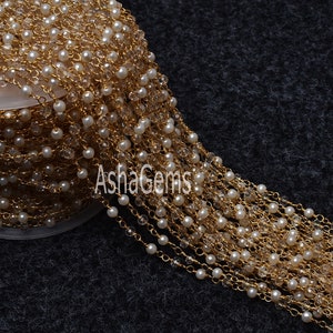 5,10,50 Ft, Pearl,Clear Crystal Quartz Hydro Faceted Rondelle Beads Rosary Chain,Gold Plated Wire,Beaded Chain,Finding,Jewelry Making,Craft