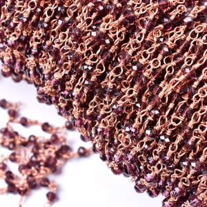 SALE 3,5,10,25 Ft Rhodolite Garnet Hydro Faceted Rondelle Beaded Rosary Chain Rose Gold Plated Wire,Jewelry Making Finding, Chain 3-3.5mm