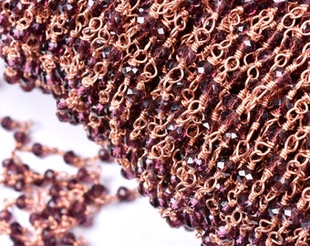 SALE 3,5,10,25 Ft Rhodolite Garnet Hydro Faceted Rondelle Beaded Rosary Chain Rose Gold Plated Wire,Jewelry Making Finding, Chain 3-3.5mm