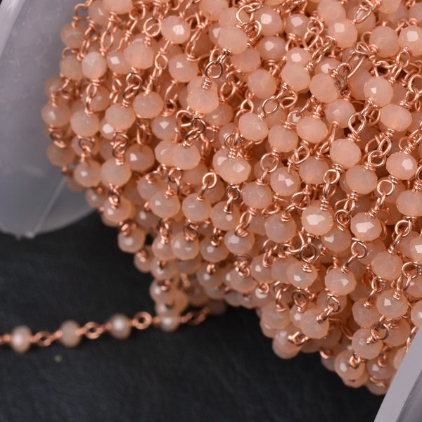 3,5,10,25 Ft,Peach Moonstone Hydro Faceted Rondelle Beaded Rosary Chain Rose Gold Plated,Jewelry Making,Finding,Wire Wrapped Chain,3-3.5 mm