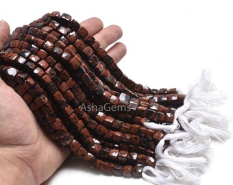 Mahogany Obsidian 3D Cube Box Beads, Natural Mountain Obsidian Gemstone Faceted Dice Bead Strand Jewelry making