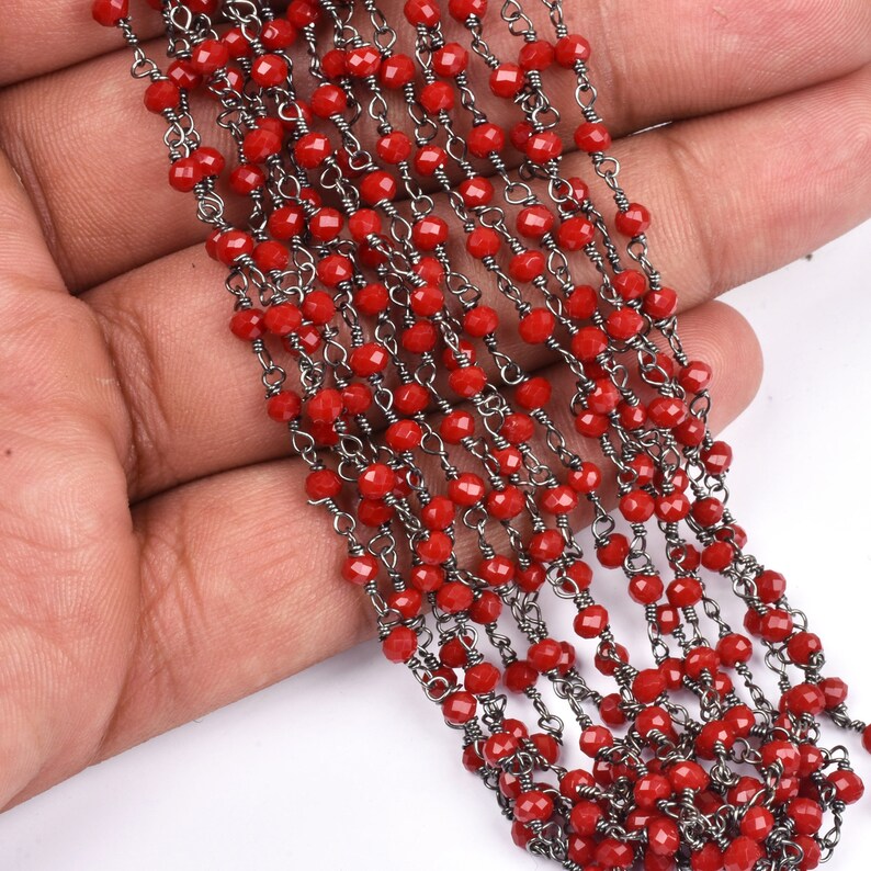 3,5,10,25 Feet Red Onyx Hydro Faceted Rondelle Beaded Rosary Chain Black Metal Plated Wire,Jewelry Making Finding,Wire Wrapped Chain 3-3.5mm
