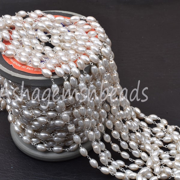 1,3,5,25 Ft Beautiful Rice Pearl Hydro Smooth Beaded Rosary Chain Pearl Hydro Silver Gold Plated Chain,Bulk Roll Wire Wrap Rosary Chain SALE