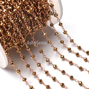 AAA Quality Golden Pyrite Hydro Faceted Rondelle Beads Rosary Chain,3 mm Rose Gold Plated Coper Wire Wrap Jewelry Making Rosary Chain Crafts