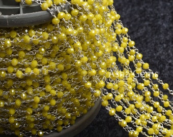 Beautiful Yellow Coated Hydro Faceted Rondelle Beaded Rosary Chain, Silver Plated, 1,3,5,10 Feet Wire Jewelry Making Finding Chain 3-3.5 mm