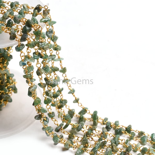 3,5,10 Feet Chain Natural Green Mica Uncut Chips Rosary Beaded Chain,Mica Nugget Beads Rosary Chain,Gold Plated Wire,Bulk Roll,Jewelry Chain
