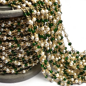 Beautiful White Pearl Chrome Diopside Hydro Faceted Rondelle Beads Rosary Chain Gold Plated Wire Wrapped Chain Jewelry making Finding, Chain