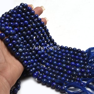 Hermosas cuentas redondas lisas de lapislázuli azul hechas a mano, cuentas de piedras preciosas redondas lisas de lapislázuli natural, joyería artesanal con cuentas de lapislázuli.