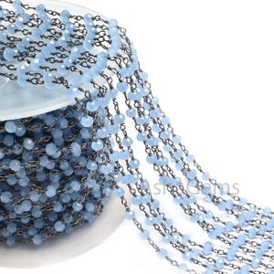 AAA Aqua Blue Chalcedony Hydro Rondelle Faceted Beads Rosary Chain,3mm Black Metal Plated Wire Wrap Beaded Gunmetal Chains Jewelry Necklace