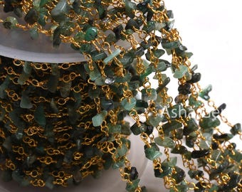 Natural Green Emerald Uncut Chip Beads Rosary Chain Gold Plated Wire Wrap Gemstone Beaded Chains, Jewelry