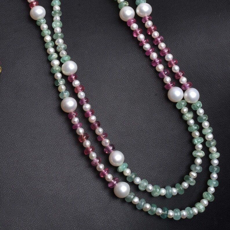 Natural Green Emerald Pink Ruby Beautiful Multi Color Precious Gemstone Beads Necklace For Gift Fresh Water Pearl Beads 2 Strand Necklace