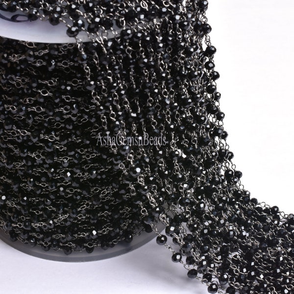 3,5,10,25,50 Feet, Gunmetal Black Spinel Hydro Faceted Rondelle Beaded Rosary Chain Jewelry Making Finding Wire Wrapped Chain,4mm,Chain Sale