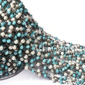 Rosary Chain Pearl, Blue Turquoise Hydro Rondelle Beads Chain Multi Color Black Plated Gunmetal Wire Wrap Beaded Chains Jewelry Crafts