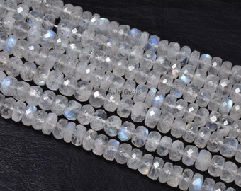 Fine Quality Rainbow Moonstone Handcut Rondelle Beads,7/14" Natural Blue Flash White Rainbow Faceted Gemstone Beads, Moonstone Beads Jewelry