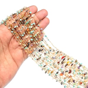 1,3,5,10 Feet Chain Natural Gemstone Multi Color Beads Rosary Chain Gold Plating Wire Disco Uncut Chip Beaded Rosary Chains Finding Jewelry