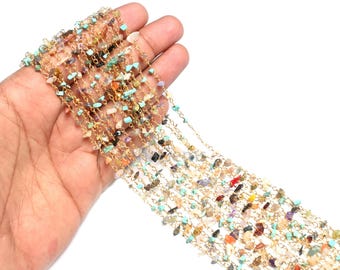 Chaîne de pierres précieuses naturelles, perles multicolores, chaîne de chapelet, fil plaqué or, chaîne de chapelet en perles disco non coupées, recherche de bijoux