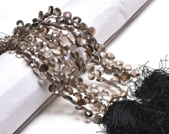 Natural Smoky Quartz Faceted Heart Shape Beads, Fine Quality smoky Side Drill Heart Briolette Gemstone Loose Beads, smoky Beads Jewelry