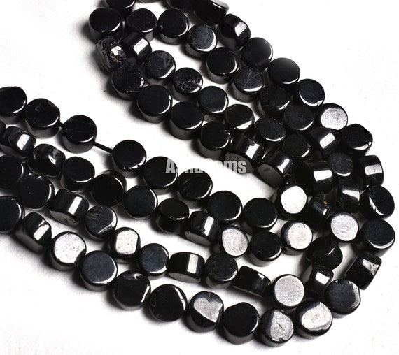 Natural Spinel Smooth Coin Beads,6-6.5mm Natural Coal Black