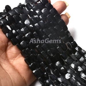 6.5-7mm Black Tourmaline Fancy Square Shape Beads,8&quot; Strand Tourmaline Faceted Flat Square Beads, Gemstone Handmade Square Beads For Jewelry