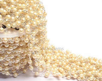 4 mm AAA Milky Pearl Hydro smooth Rondelle Beads Rosary Chain 1-50 Feet Silver Plated Wire Wrap handmade Rosary Chains Jewelry Necklace