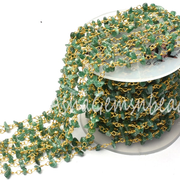 Natural Green Mica Uncut Beads Rosary Chain,1,3,5,25 Ft,Mica Smooth Nugget Beaded Rosary Chain,Finding,Gold Plated Bulk Roll wire,Bead Chain