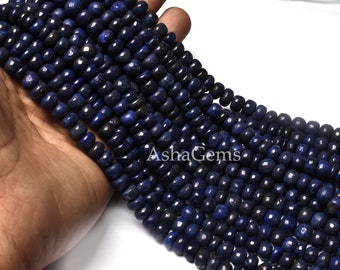 Natural Blue Lapis Lazuli Smooth Rondelle Beads, Gemstone Plain handmade Bead Strand