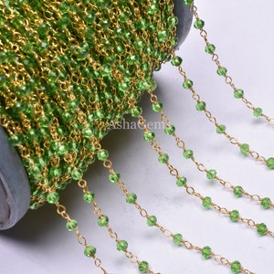 Beautiful Peridot Green Hydro Faceted Rondelle Beads Rosary Chain Gold Plated Wire Wrap Roll Handmade Beaded Chains Jewelry Making Necklace