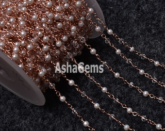 Beautiful Pearl Crystal Quartz Hydro Beads Rosary Chain, Rose gold Plated Copper Wire Wrap Faceted Beaded Chain Necklace Jewelry making SALE