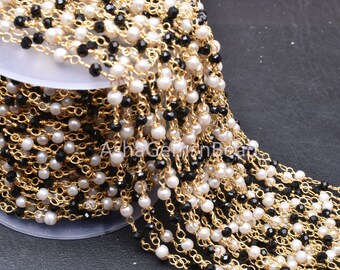 1,5,10,25 feet Beautiful Pearl Black Spinel Hydro Beads Rosary Chain,3mm Gold Plated Wire Wrap AAA Spinel Pearl Hydro Rondelle Chain Jewelry