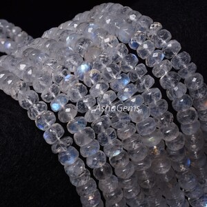 Blue Fire Rainbow Moonstone Handcut Faceted Rondelle Beads, White Rainbow Gemstone beads, Natural Flash Rainbow Moonstone Bead Necklace SALE