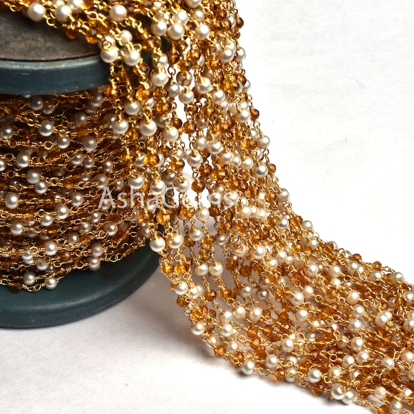 1,5,10,50 Foot Multi Hydro Rondelle Beads Rosary Chain, Pearl brown Quartz Hydro Gold Plated Wire Wrap Bulk Roll Chain Jewelry Craft Finding