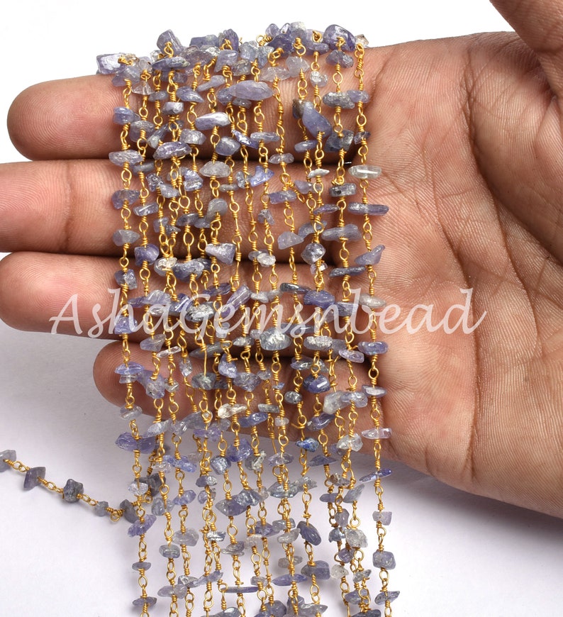 Blue Tanzanite Beads Chain Chain 1,3,5,10 Ft Gold Plated Copper Wire Bulk Roll Natural Tanzanite Nugget Uncut Chips Beaded Rosary Chain
