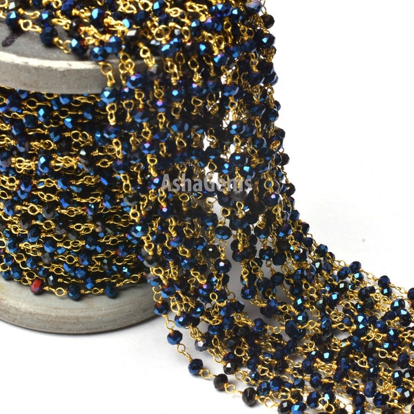 1,3,5,50 Feet,Blue Titanium Pyrite Hydro Faceted Rondelle Beaded Rosary Chain Gold Plated Wire,Jewelry Making Finding,Diy,Wire Chain 3-50mm