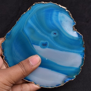 Drusa Solar Azul Céu Banhado a Ouro, Fatias de Ágata, Bases para Copos de Fatia de Ágata, Cabochões de Ágata, Ágata, Bases para Copos de Ágata, Fatias de Ágata Natural