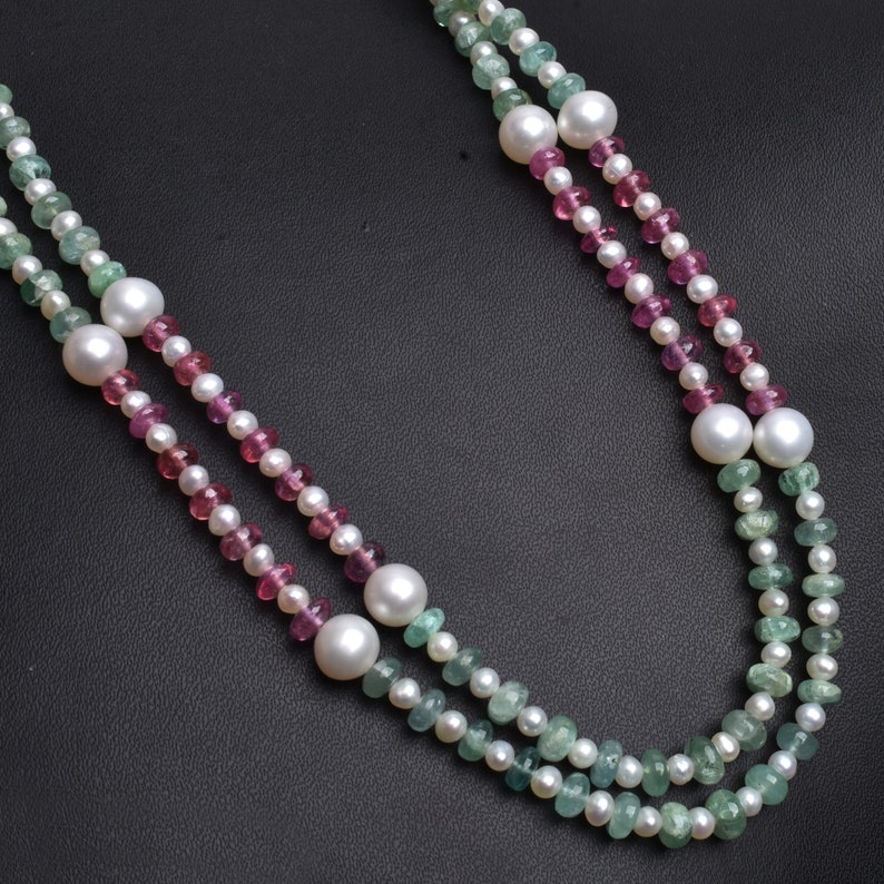Natural Green Emerald Pink Ruby Beautiful Multi Color Precious Gemstone Beads Necklace For Gift Fresh Water Pearl Beads 2 Strand Necklace