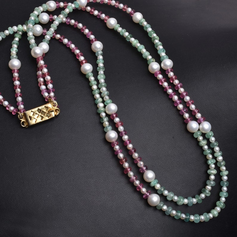 Natural Green Emerald Pink Ruby Beautiful Multi Color Precious Gemstone Beads Necklace For Gift Fresh Water Pearl Beads 2 Strand Necklace