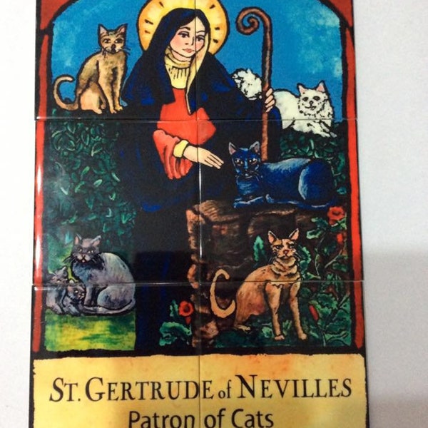 Saint Gertrude of Nivelles, Patron of Cats and Gardeners mural ceramic tiles - aesthetic wall home decor - Set of 6 pcs