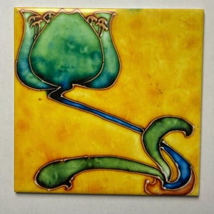 Ceramic Tile Art Nouveau  Orange-Yellow-Green with Flower / Aesthetic Ceramic Tile / House Gift