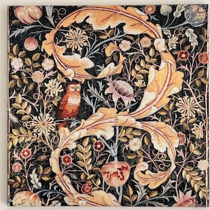 Ceramic tile Art Nouveau Owl tapestry ceramic tile, Wall Art Tile, William Morris Tapestry Tile, Art Deco