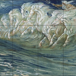 Ceramic Tiles Mural  Poseidon Neptune's   Horses  Mural 12 tiles 15/15 cm (60CM / 45 CM Total)