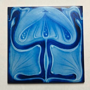 Ceramic Tile Art Nouveau  electric blue  with Flower / Aesthetic Ceramic Tile / House Gift