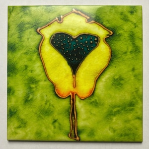 Ceramic Tile Art Nouveau  Green  with Flower / Aesthetic Ceramic Tile / House Gift