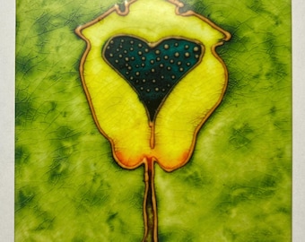 Ceramic Tile Art Nouveau  Green  with Flower / Aesthetic Ceramic Tile / House Gift